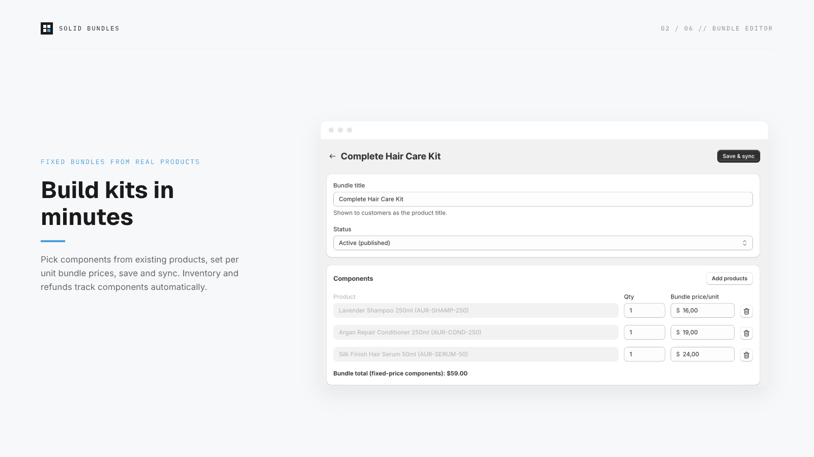 Solid Bundles bundle editor with components, quantities and bundle pricing