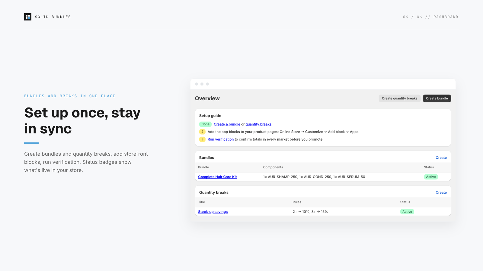 Solid Bundles dashboard with sync status and setup guide